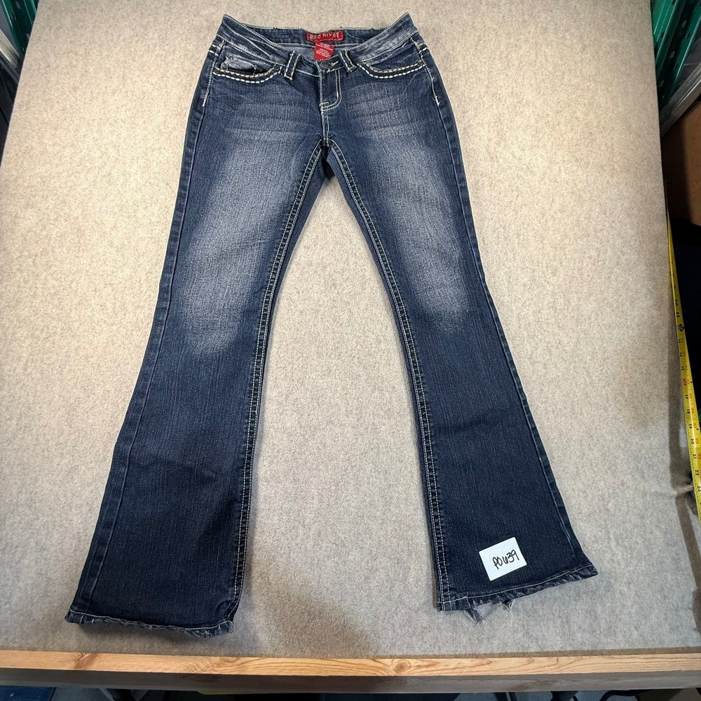 Red Rivet Womens Bootcut Jeans Dark Wash Contrast Stitch Y2K Size 5 Distressed
